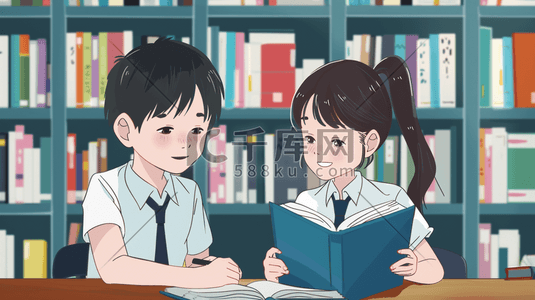彩色手绘男孩女孩图书室看书的插画