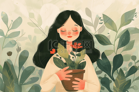 植物绿叶花朵插画图片_女孩植物春天花朵手绘插画海报