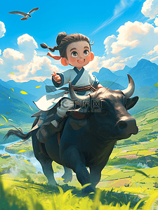 彩色户外风景古装儿童牛背上的插画