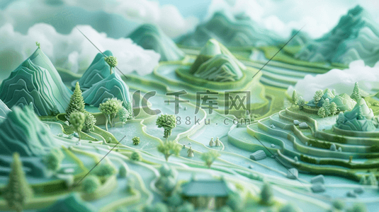 高级质感产品展示插画图片_绿色山水山色风景摆件的插画