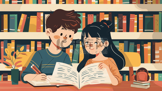 的男孩女孩插画图片_彩色手绘男孩女孩图书室看书的插画