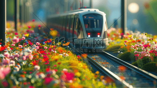 火车轨道火车插画图片_彩色唯美花朵户外轨道火车的插画