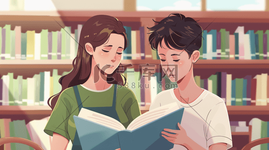看书漫画插画图片_彩色手绘男孩女孩图书室看书的插画