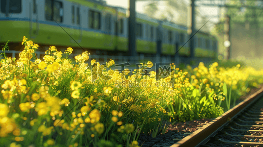 轨道火车插画图片_彩色唯美花朵户外轨道火车的插画