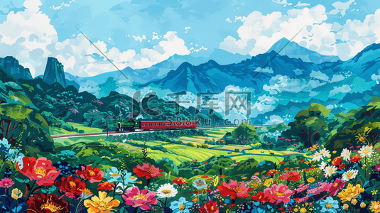 轨道火车插画图片_彩色缤纷户外风景花朵轨道火车的插画