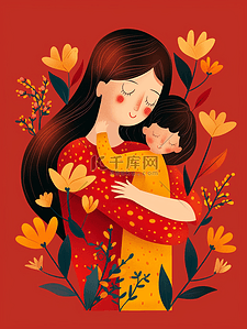 彩色花朵花丛树叶母女拥抱的插画