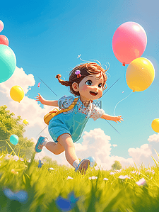 卡通儿童绘画插画图片_彩色卡通儿童游乐场奔跑气球的插画