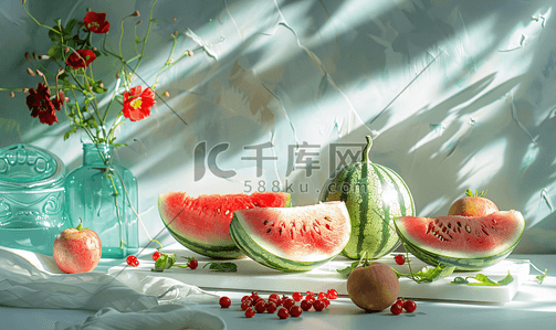 夏季新鲜西瓜插画图片_静物水果西瓜莲子大暑摄影图
