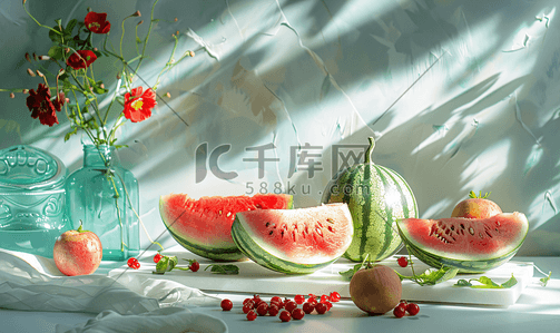 夏天水果西瓜插画图片_静物水果西瓜莲子大暑摄影图