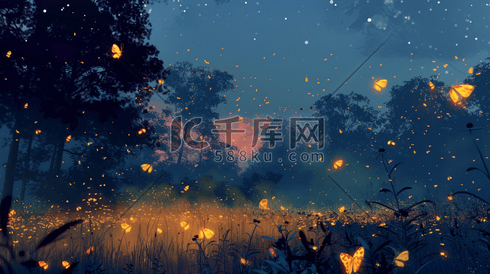深色夜晚手绘户外森林漫天星光的插画