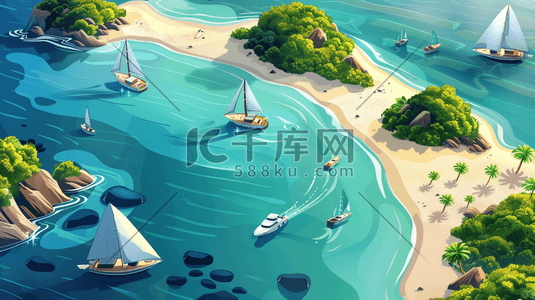 海港风景插画图片_夏季港湾风景插画