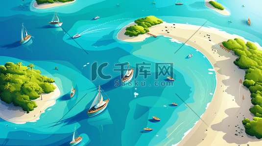 海港风景插画图片_夏季港湾风景插画