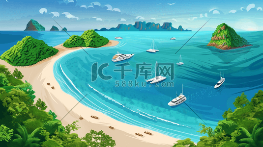 海港风景插画图片_夏季港湾风景插画