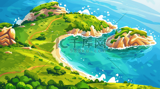 小岛路线插画图片_绿色夏季海洋小岛风景插画