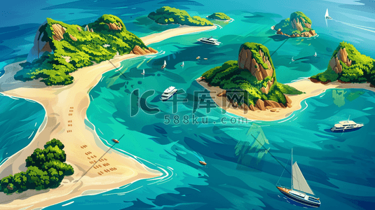 海港风景插画图片_夏季港湾风景插画