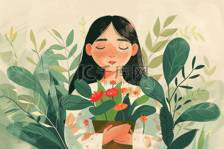 植物绿叶花朵插画图片_春天女孩花朵植物手绘插画海报