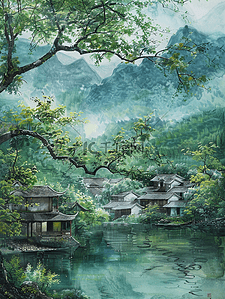 彩色水彩户外村庄田园风格的风景插画