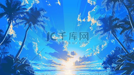蓝色夏季沙滩插画图片_蓝色海边沙滩椰子树自然风景插画