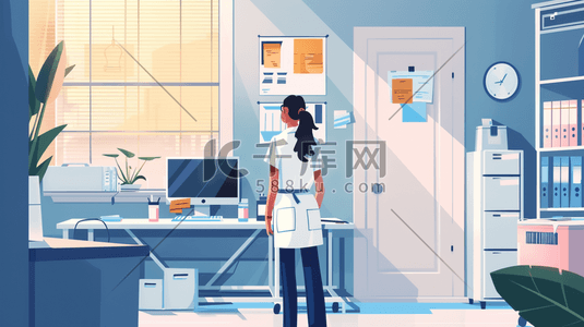 室内平面插画图片_彩色扁平化室内医护人员诊室的插画