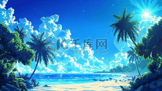 蓝色海边插画图片_蓝色海边沙滩椰子树自然风景插画
