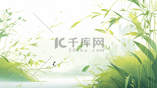 春天花朵草丛绿色中国风写意插画3