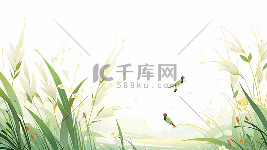春天绿色芦苇小鸟田野中国风插画
