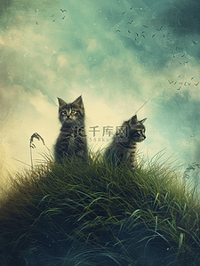草地猫咪插画图片_深色户外草坪小山坡猫咪的插画