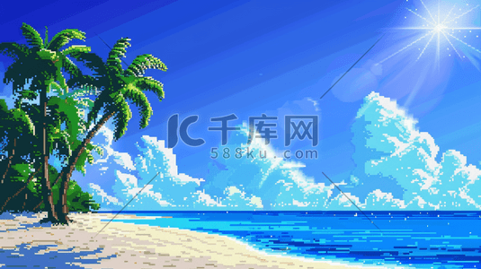 蓝色海边沙滩椰子树自然风景插画
