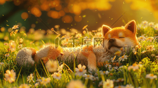 彩色花朵插画图片_户外彩色花朵花丛里小狐狸的插画