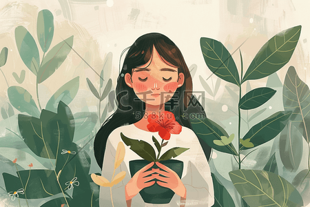 女孩植物花朵手绘插画春天海报