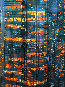 彩色水彩城市建筑写字楼内人士的插画