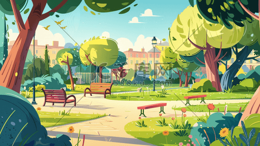 彩色扁平化户外公园里树木长椅河流的插画