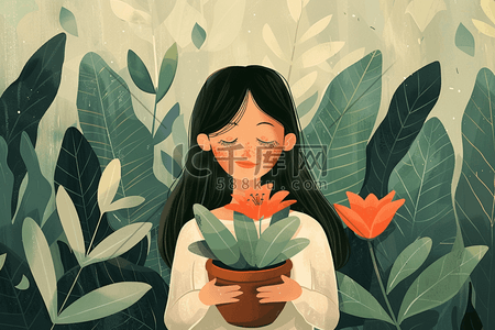 绿叶花朵手绘插画图片_春天植物女孩花朵手绘插画海报