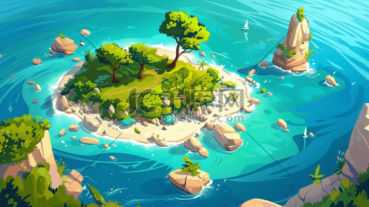 绿色夏季海洋小岛风景插画