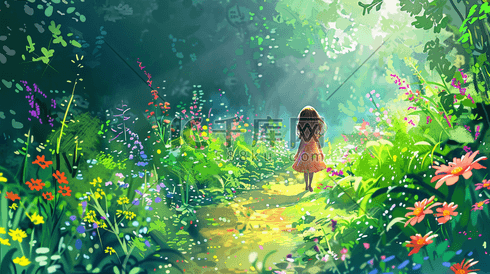 彩色缤纷梦幻森林里女孩背影的插画