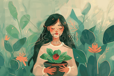春天女孩植物花朵手绘插画海报