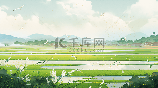 春天谷雨节气绿色田野清新简约插画2