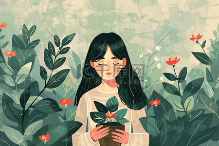 女孩植物花朵手绘插画海报春天