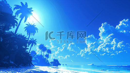 蓝色夏季沙滩插画图片_蓝色海边沙滩椰子树自然风景插画