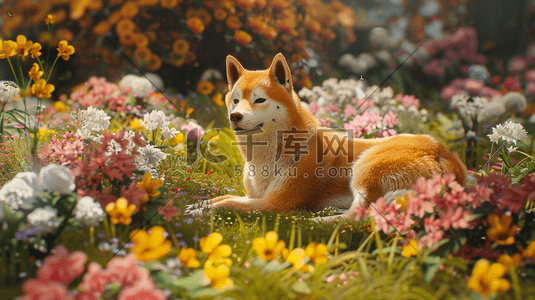户外彩色花朵花丛里小狐狸的插画