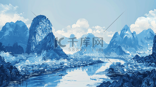 蓝色简约梦幻山河山水风景风光的插画