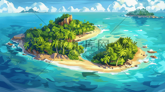 绿色夏季海洋小岛风景插画