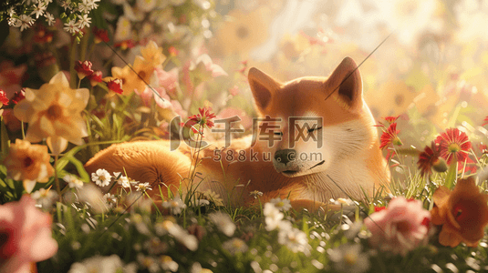 狐狸彩色插画图片_户外彩色花朵花丛里小狐狸的插画