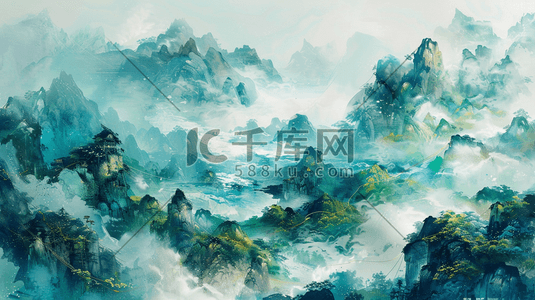 彩色缤纷梦幻朦胧自然大山风景的插画