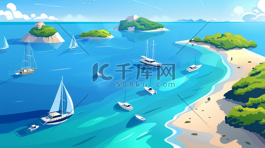 夏季海滩插画图片_夏季港湾风景插画