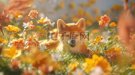 户外彩色花朵花丛里小狐狸的插画