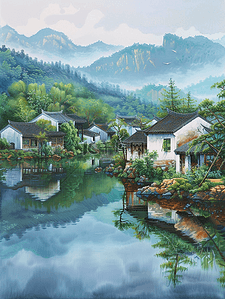 村庄田园插画图片_彩色水彩户外村庄田园风格的风景插画