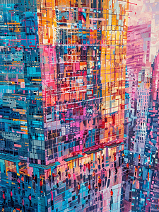 彩色水彩城市建筑写字楼内人士的插画