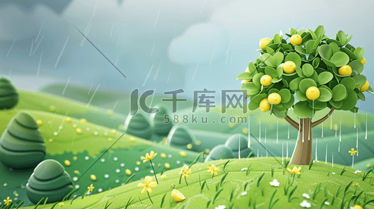 雨季插画图片_绿色夏季雨季风景插画