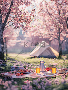 淡粉色的樱花树下野餐插画素材